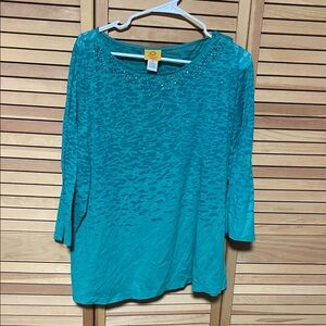 Ruby Rd. Teal Long Sleeve Top with Embellished Neckline